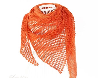 Xale de lã merino tricotado: cachecol triangular de renda laranja