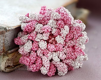 White and pink crochet flower brooch,  accessory