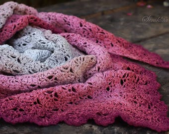 Xale de crochê feito à mão: cachecol de malha de algodão rosa e cinza