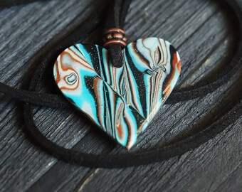 Heart pendant, bijoux, pendant handmade nekclace, polymer clay resin necklace, jewelry, blue and black necklace, for teenager girl