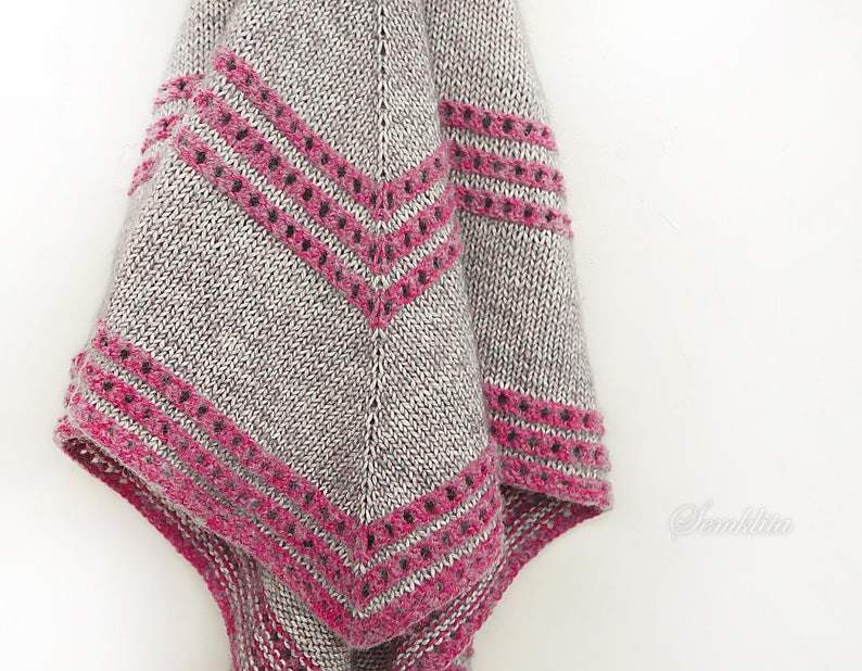 Knitted shawl wrap, knitted triangular shawl, oversized shawl, cotton shawl, gray and pink shawl, scarf, gift for women, handknit scarf image 4