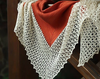 Xale de renda de lã merino tricotado à mão: xale triangular laranja