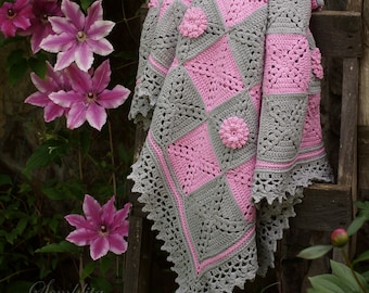 Crochet blanket, knitted cotton plaid for home decor, granny square blanket, handmade gray and pink coverlet