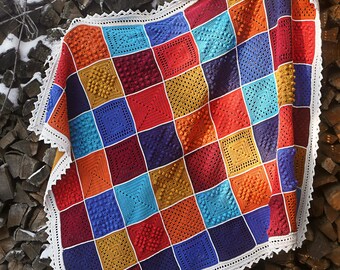 Manta de crochê colorida | Manta patchwork feita à mão | Manta em mistura de algodão | 140 x 150 cm (55 x 59 polegadas)