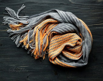 Knitted scarf with fringe, crochet scarf, oversized scarf, merino wool scarf, gray and orange scarf, gift for her, women accessory