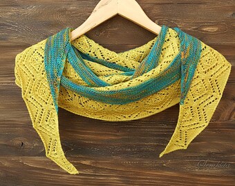 Xale de renda de lã merino tricotado à mão: cachecol semicircular azul-amarelo