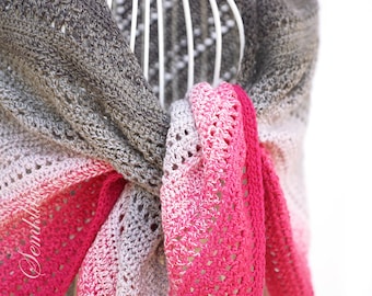 Xale de algodão de crochê feito à mão: Triangular rosa e cinza