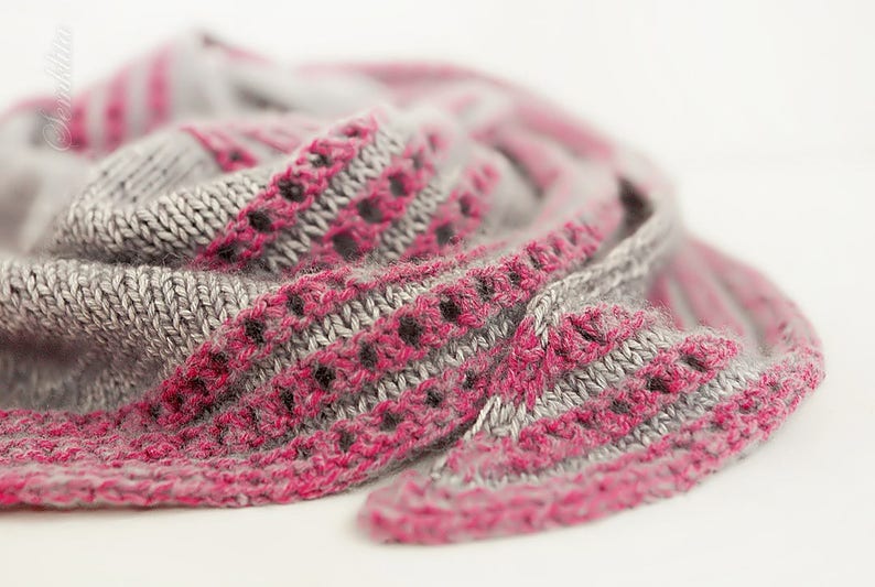 Knitted shawl wrap, knitted triangular shawl, oversized shawl, cotton shawl, gray and pink shawl, scarf, gift for women, handknit scarf image 5