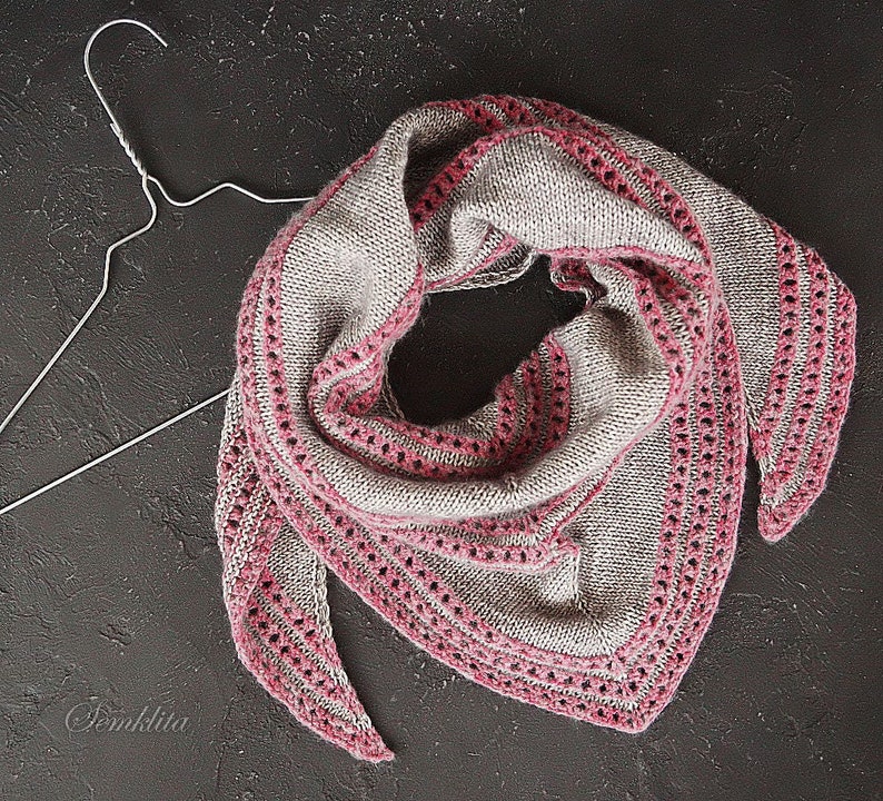 Knitted shawl wrap, knitted triangular shawl, oversized shawl, cotton shawl, gray and pink shawl, scarf, gift for women, handknit scarf image 1