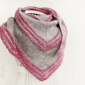 Knitted shawl wrap, knitted triangular shawl, oversized shawl, cotton shawl, gray and pink shawl, scarf, gift for women, handknit scarf image 2