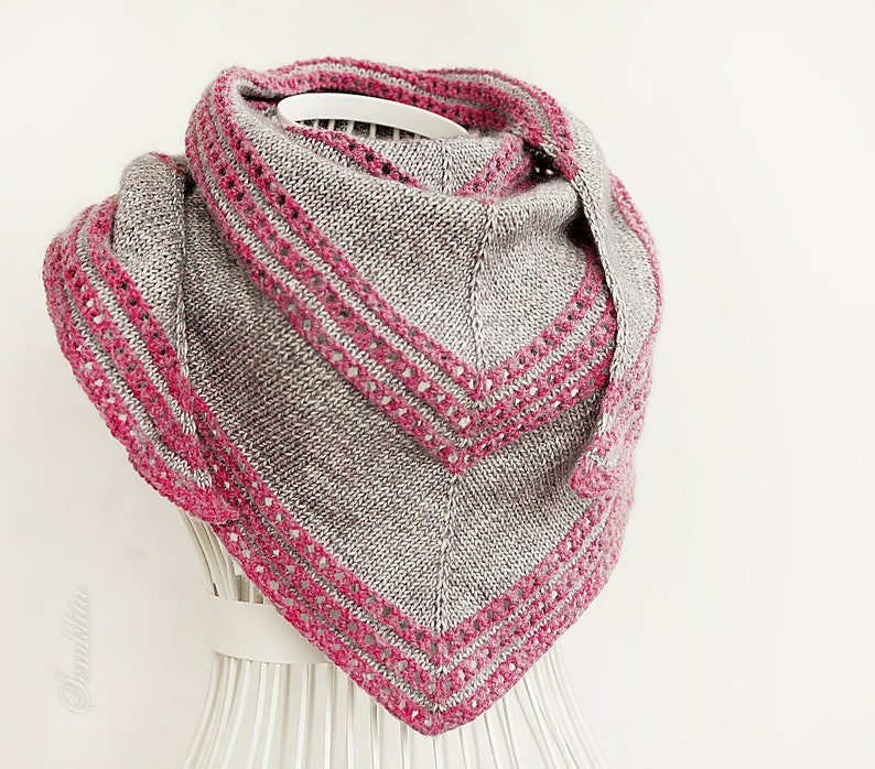 Knitted shawl wrap, knitted triangular shawl, oversized shawl, cotton shawl, gray and pink shawl, scarf, gift for women, handknit scarf image 2