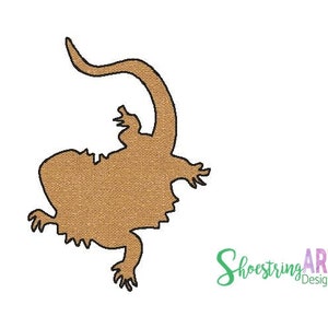 Peut inclure: Une silhouette brune d'un dragon barbu avec sa queue enroulée sur son dos. La silhouette est soulignée de noir.