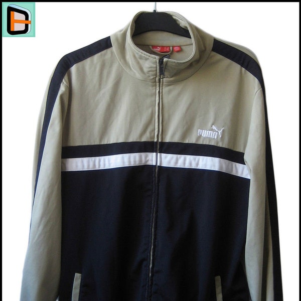 Vintage PUMA Beige-Navy Zip Up Jacket Tracksuit Top M-L Chest 40-44" Unisex Sportswear Activewear Casual Deadstock Old School Mint Condition