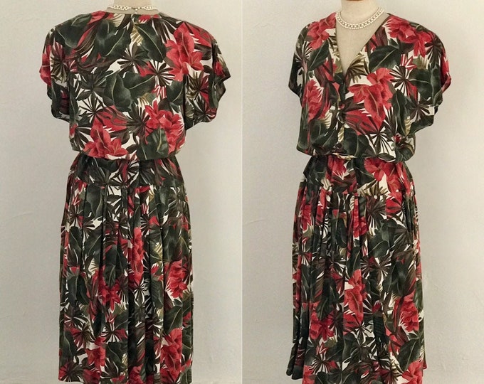 REDUCED Bright Vivacious Dress 1940s Look New Romantic Vintage 80s Dot Perkins Paneled Skirt Padded Shoulders 14