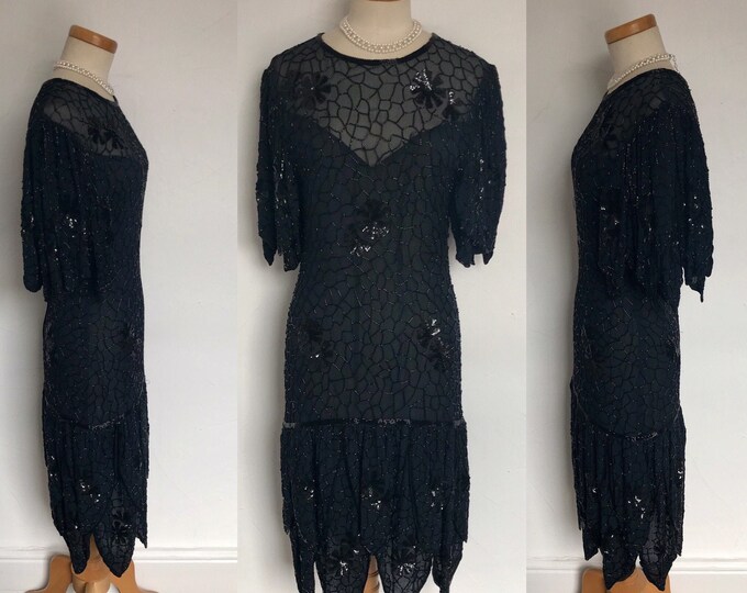 Vintage 1980s Cocktail Dress Black Silk Asymmetrical Hem ExquisiteFrank Usher 80s Glamour