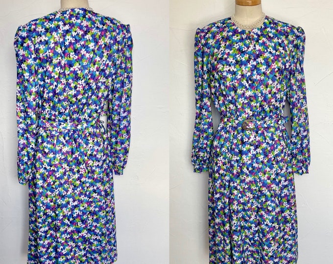 Vintage 1980s Dress 40s Style Button Down Flirty Flippy Hem Vivid Floral Clean Cool Crisp Cotton Richard Stump 18