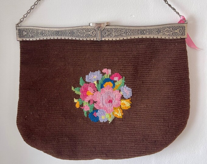 Art Nouveau Tapestry Handbag Square Hinge Silk Lined Unused Heirloom Vintage 1910