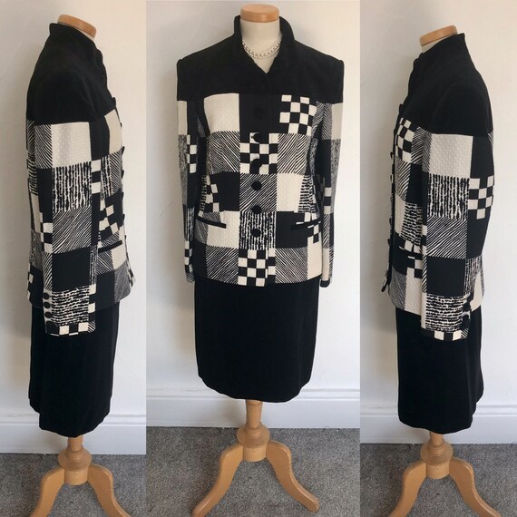 1980s Black & White Wool Suit Louis Feraud Vintage