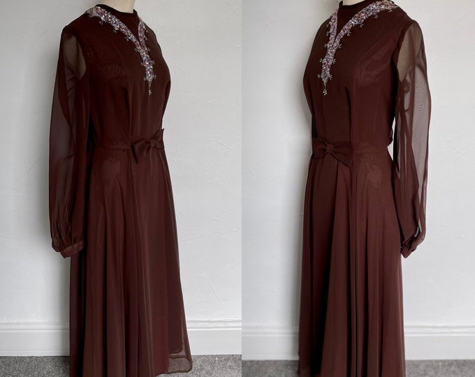 Stunning 1970s Dress Georgette Balloon Sleeves Fit & Flare Rare Unworn