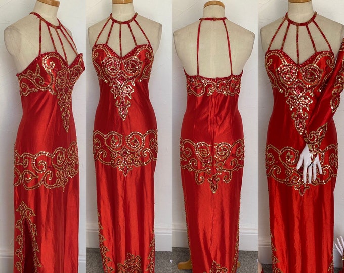 Vintage 1970s Burlesque Dress Red and Gold UK 12