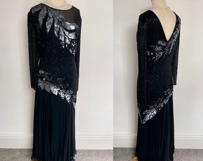 Vintage 1980s Cocktail Dress Black Silk Swarovski Crystals Diamanté & Beads 80s Glamour