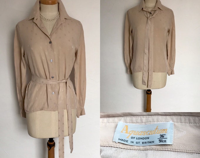 Vintage 80s Aquascutum Shirt Pure Silk Blouse Belt Pearl Buttons Wing Collar Stunning
