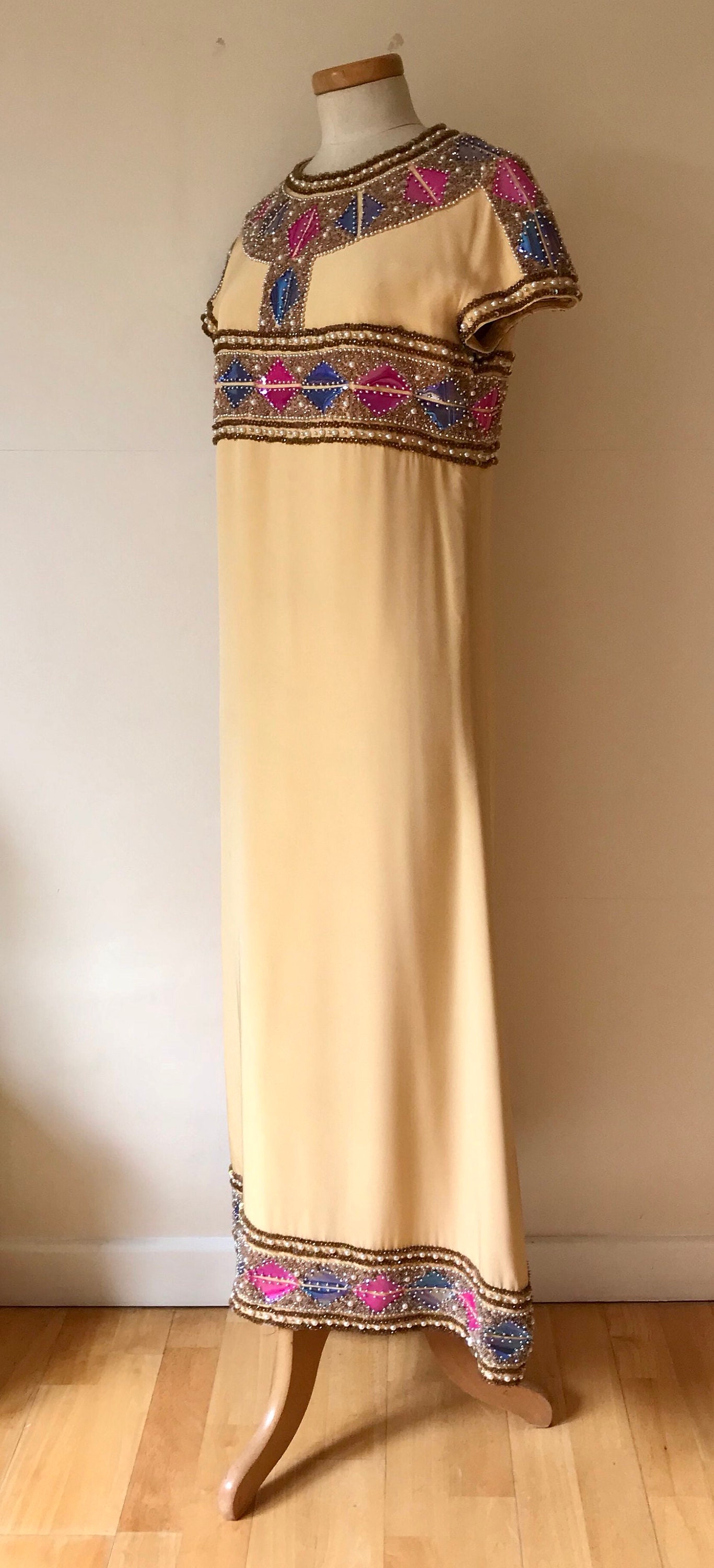 Vintage 1950s Raw Silk Kaftan Dress Robe Exquisite AvantGarde Art Deco