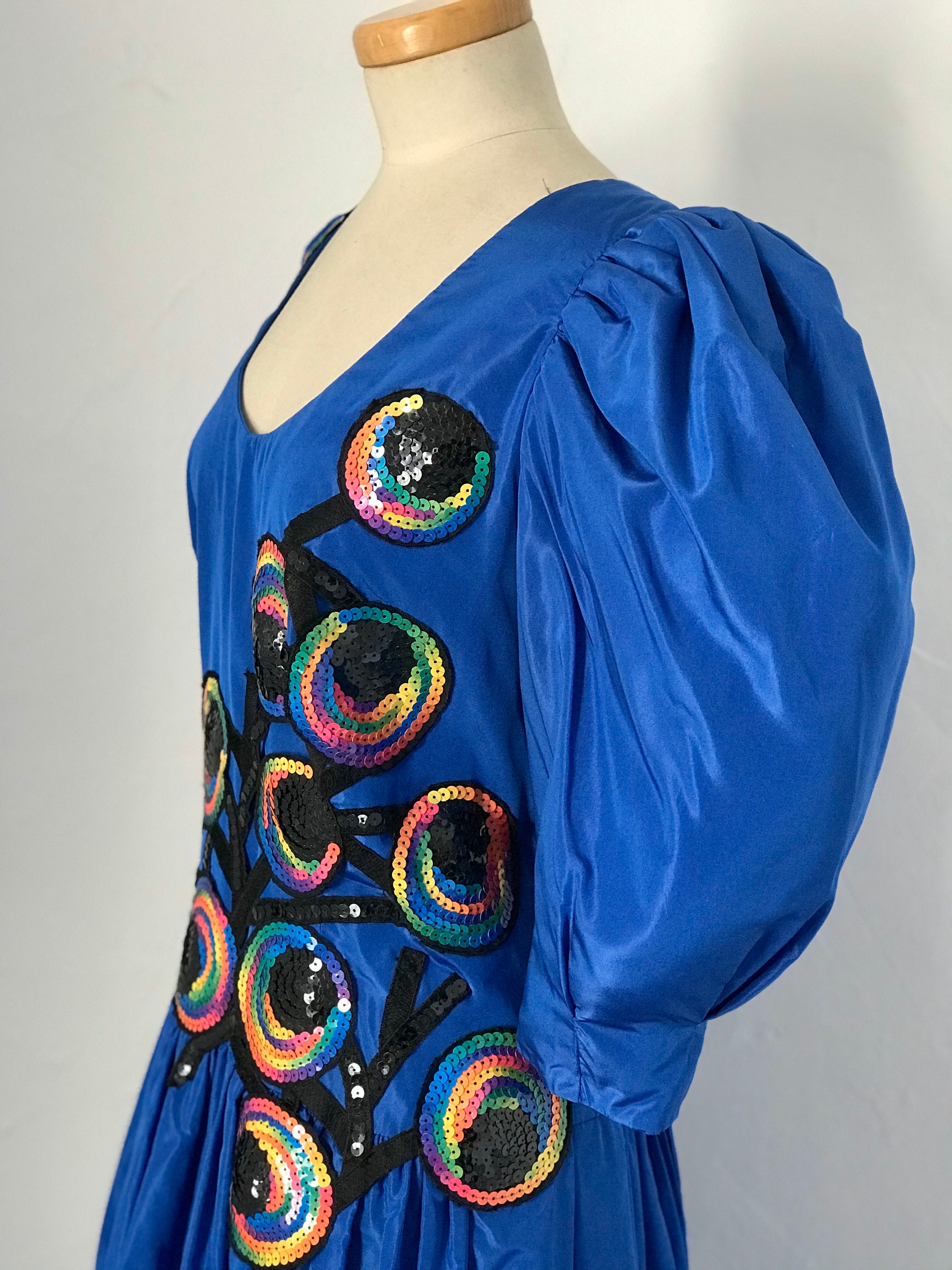 Reduced Vintage 1980s Dress Cocktail Gown Blue Watered Satin Sequins