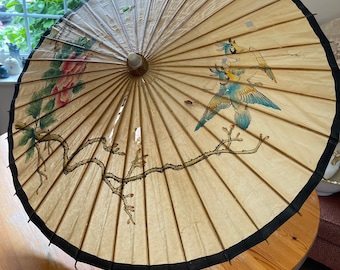Vintage 1950s Japanese Parasol Rockabilly Umbrella Bamboo & Painted Rice Paper