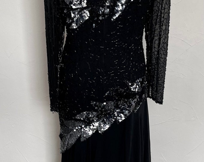 Vintage 1980s Cocktail Dress Black Silk Swarovski Crystals Diamanté & Beads 80s Glamour