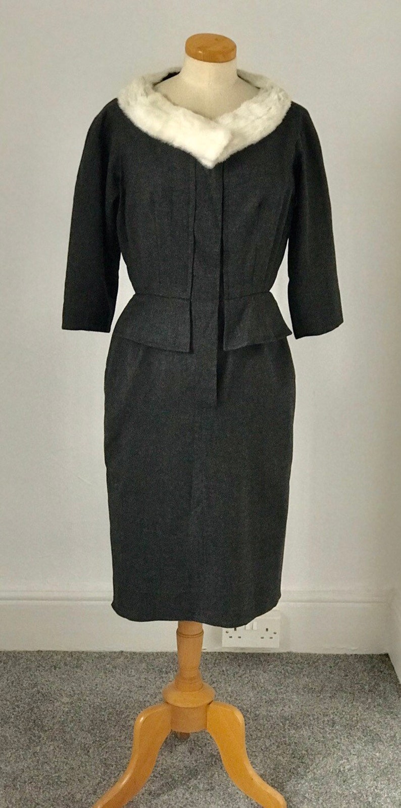 Vintage 50s Hardy Amies Day Dress Wiggle Grey Fine Worsted English Wool Sensual Couture 1950s Goodwood Unworn