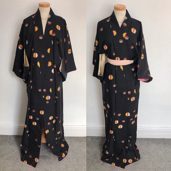 Vintage 1940s Kimono Black & Rainbow Robe Lingerie