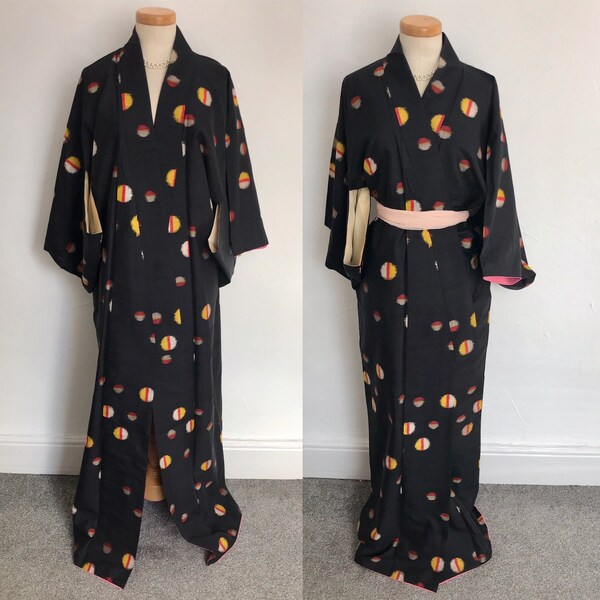 Vintage 1940 Kimono Nero & Arcobaleno Robe Lingerie Dressing Gown 40s Burlesque