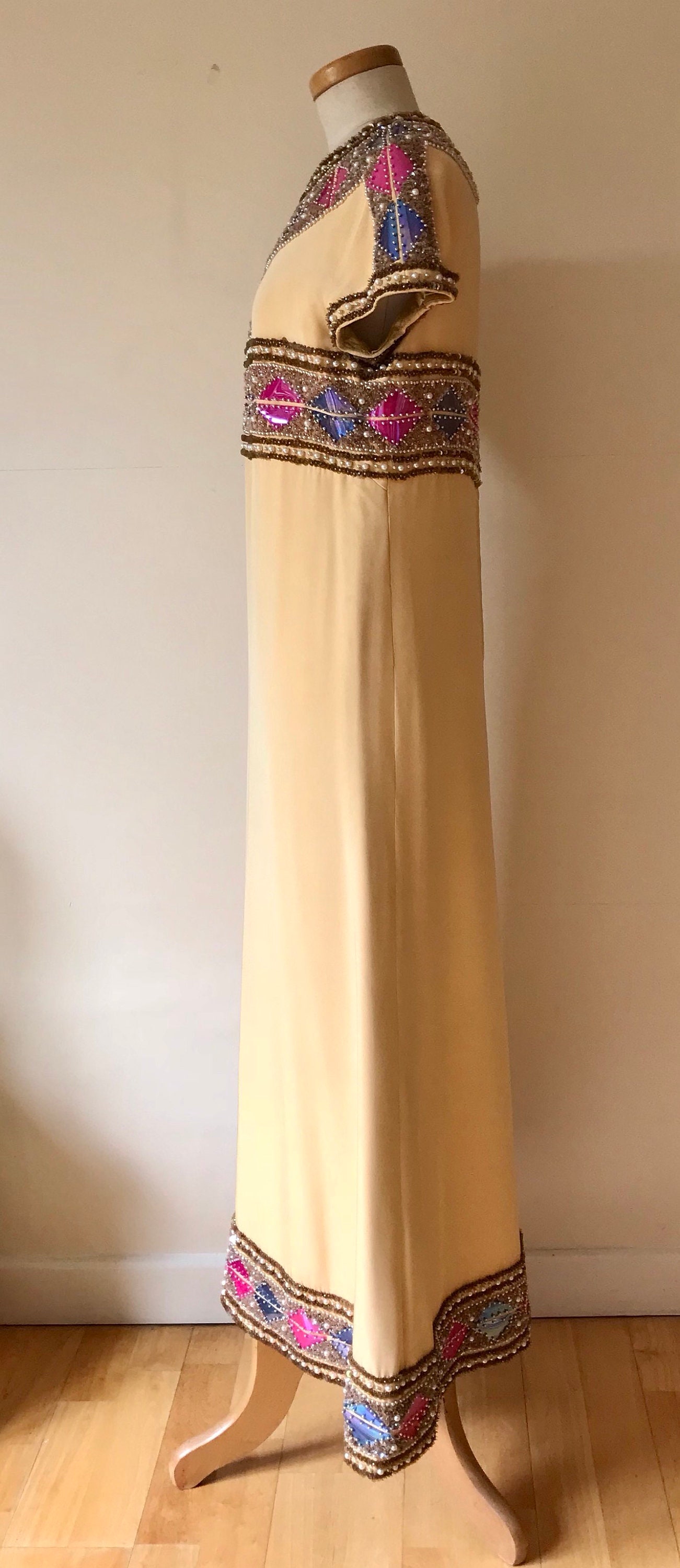 Vintage 1950s Raw Silk Kaftan Dress Robe Exquisite AvantGarde Art Deco