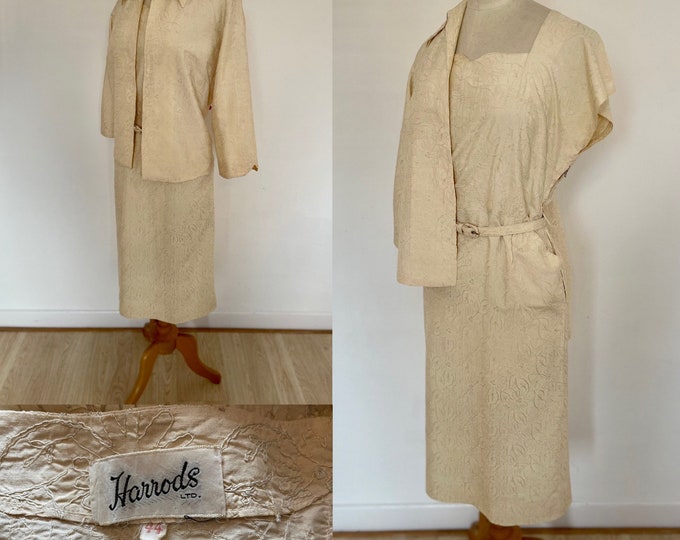 Stunning Harrods 1940s Tea Dress & Jacket Cocktail Suit Champagne Silk