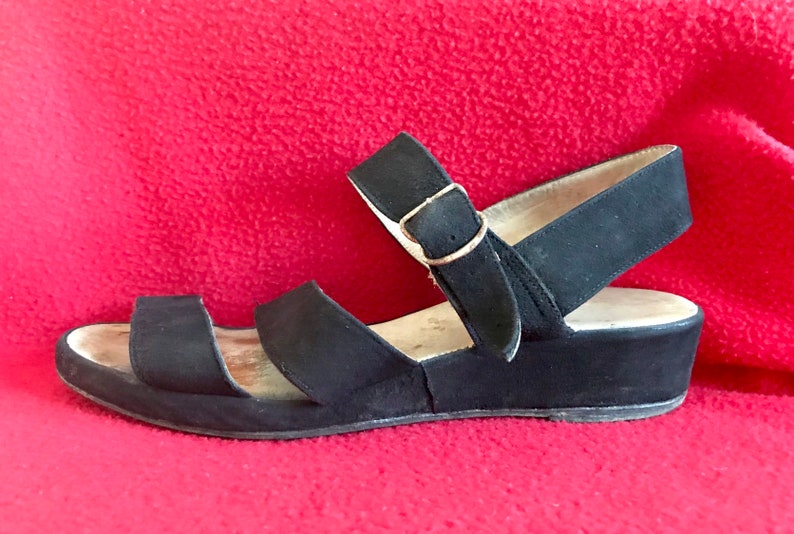 Vintage 1950s Wedge Heeled Sandals Black Suede Strappy 50s Italian Bombshell