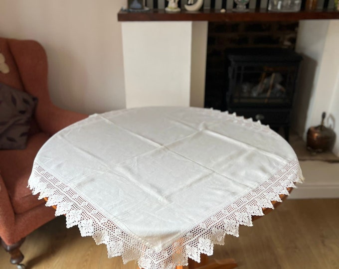 Vintage White French Linen Tablecloth Topper Pointed Lace Drawn ladder work Beautiful High Tea