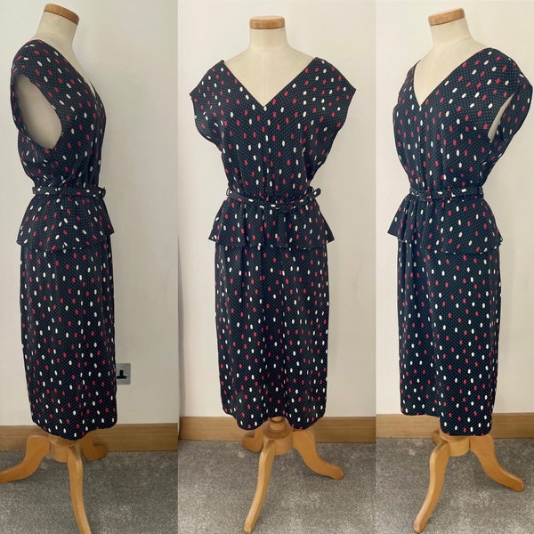 Vintage 1940s Style Summer Dress Belted Peplum 70s Wiggle