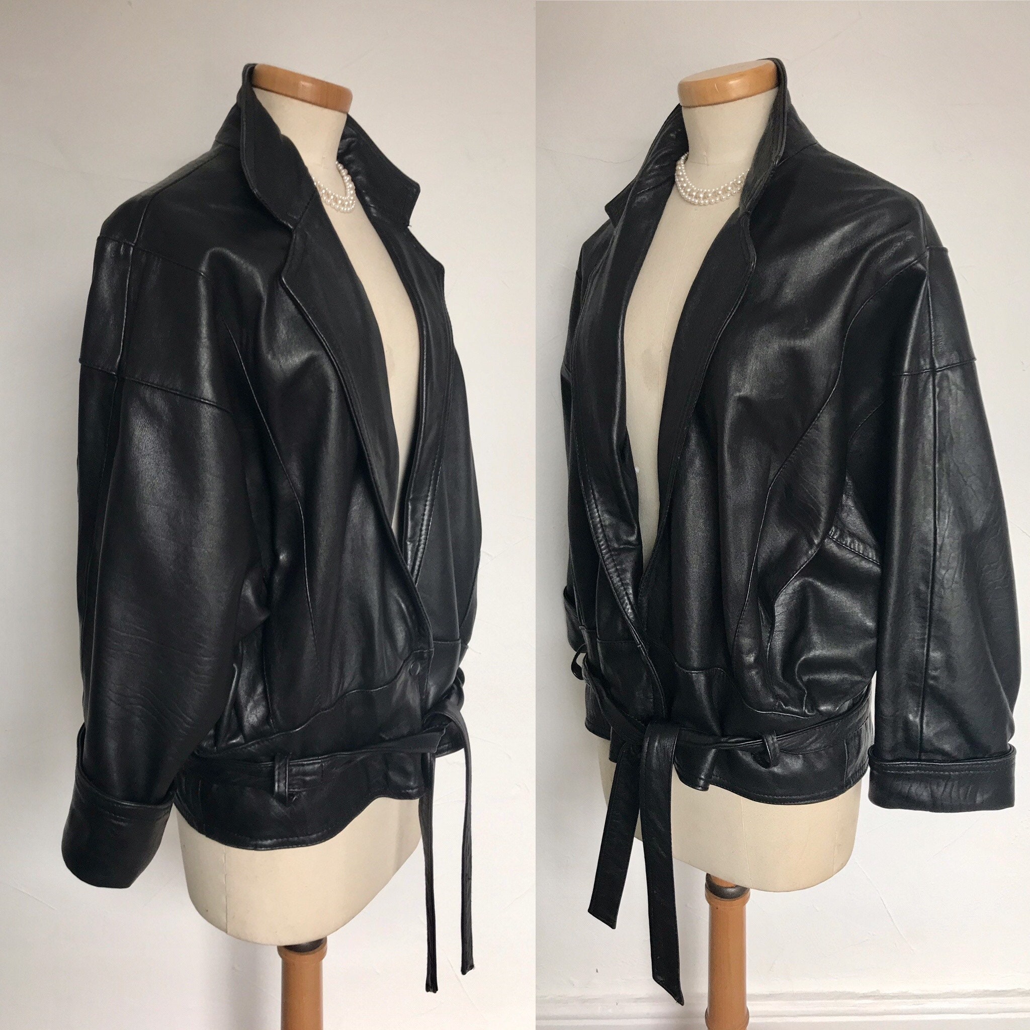 Image of Vintage S Black Napa Leather Coat Belted Bat Wings Unique New Romantic Stunning Unworn