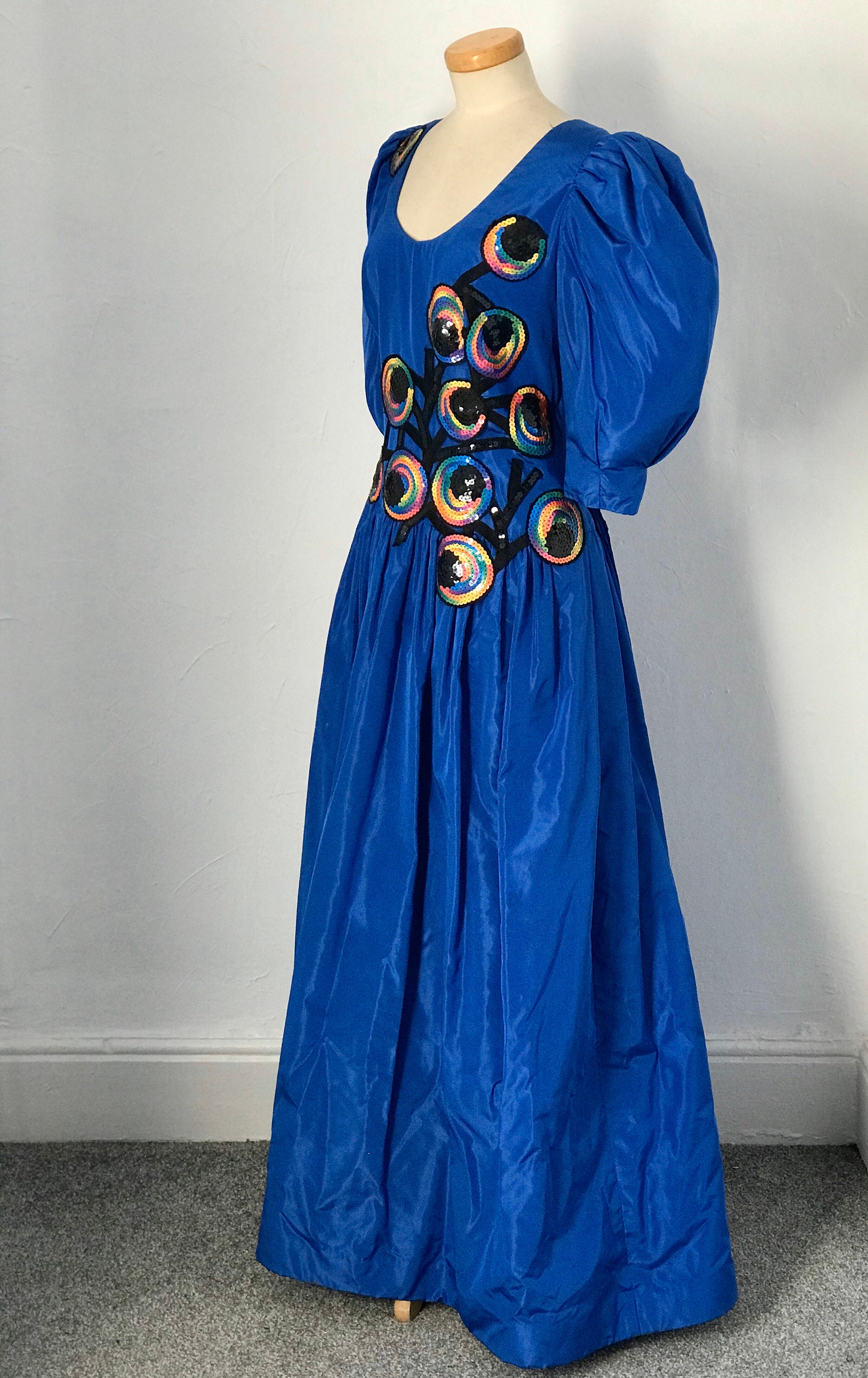 Reduced Vintage 1980s Dress Cocktail Gown Blue Watered Satin Sequins
