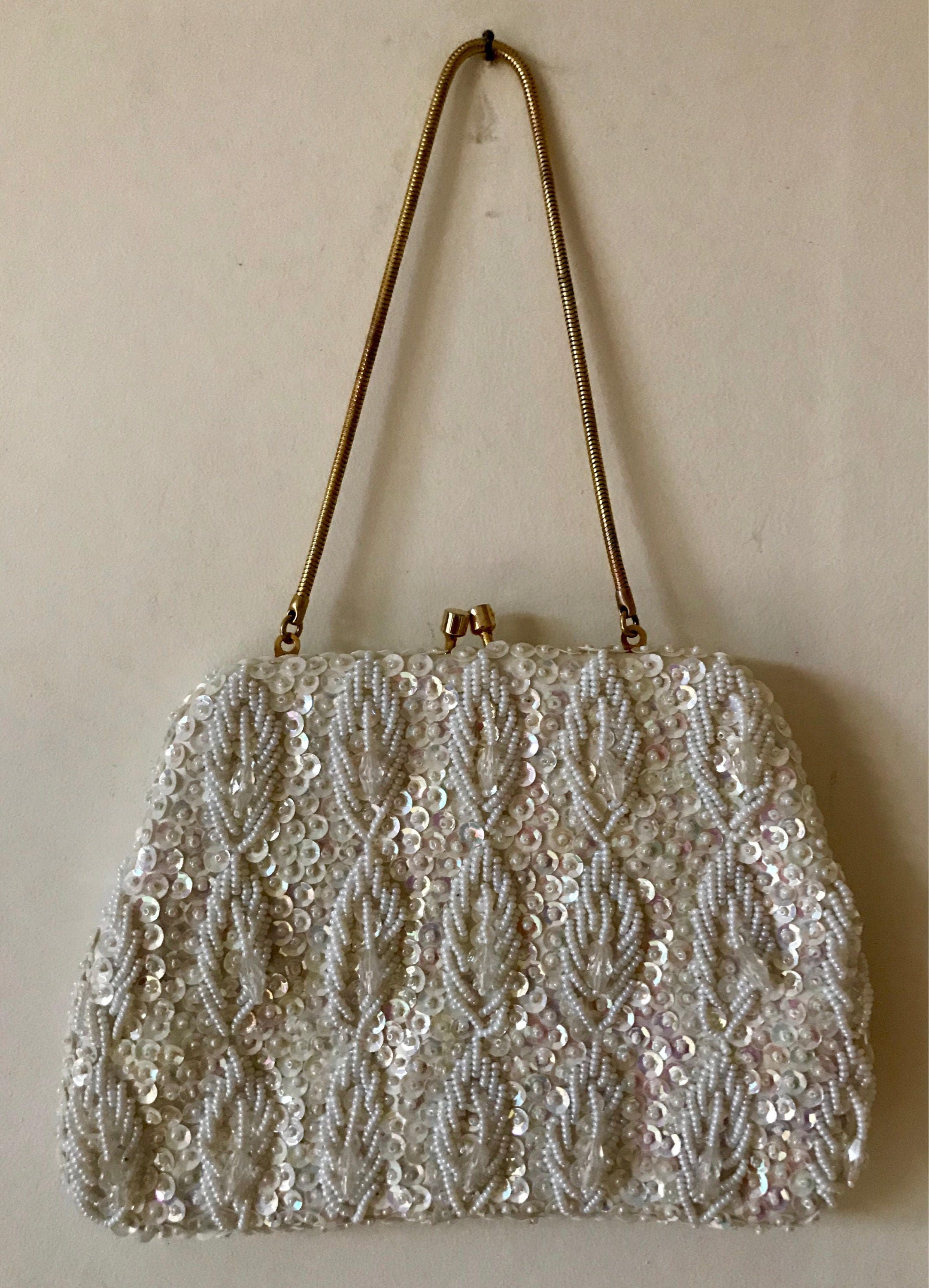 1950s Clutch Handbag Cream White Hand-Beaded Evening Bag by