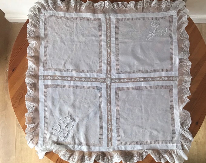 Exquisite Italian Georgian Linen Tablecloth Topper 1800 Hand Made Drawn Lace Unique Beautiful
