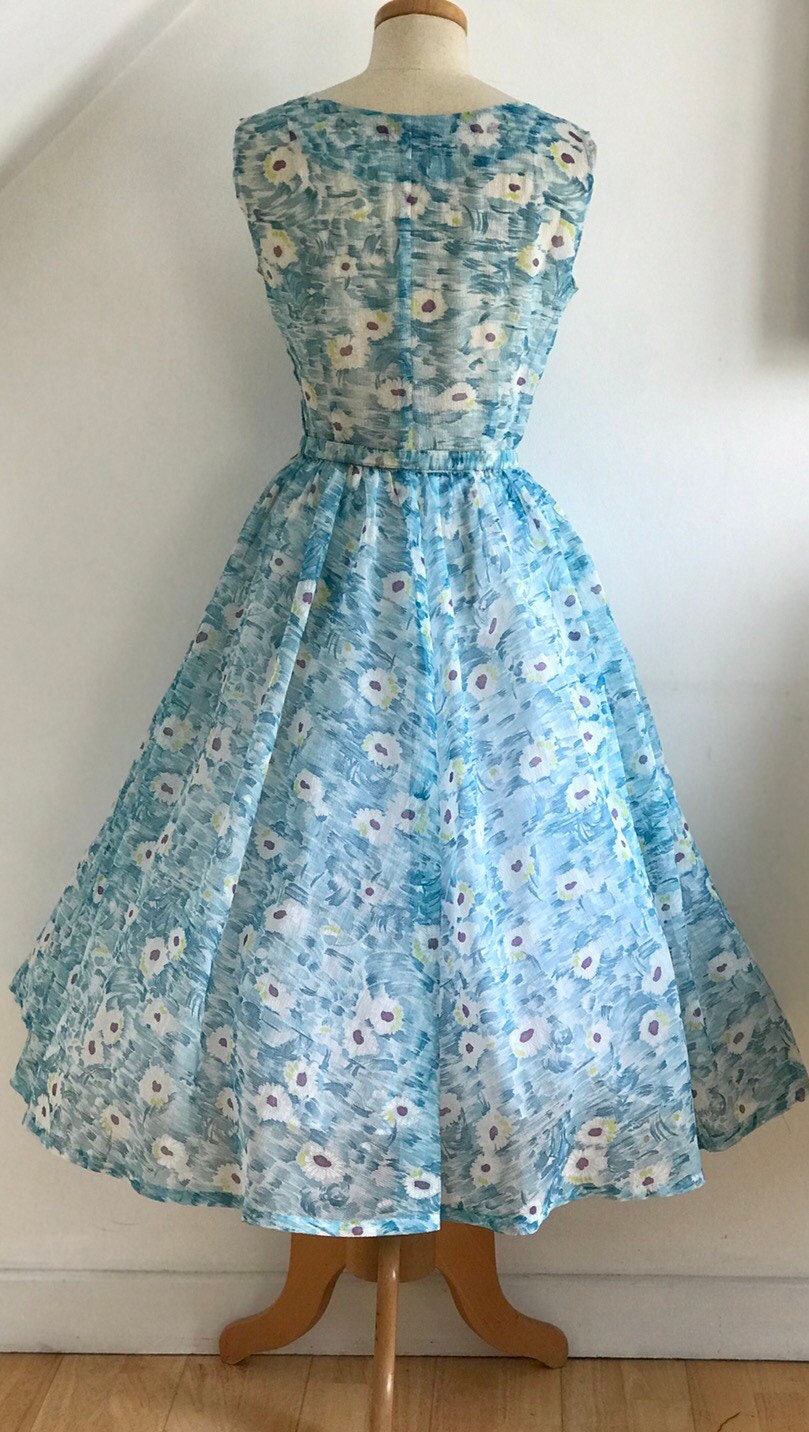 Vintage 1950s Tea Dress Baby Blue Floral Waffle Nylon Stunning Unworn ...
