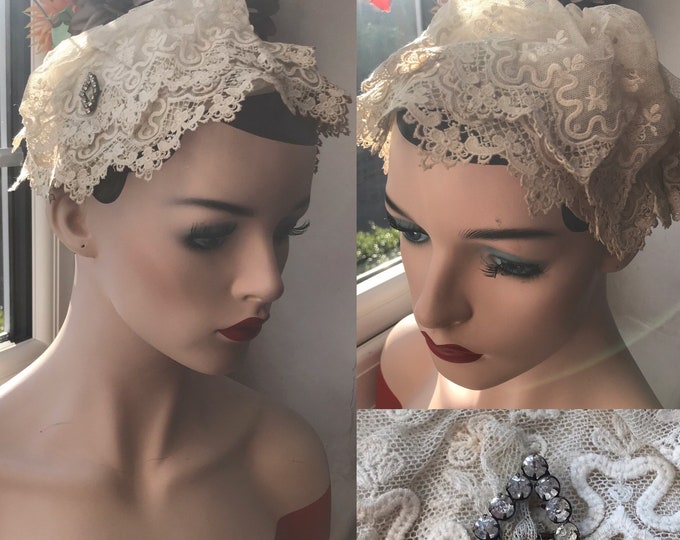 Victorian Brides Bonnet Champagne Silk Lace Sleeping Cap Wedding Hat Diamanté Lozenge