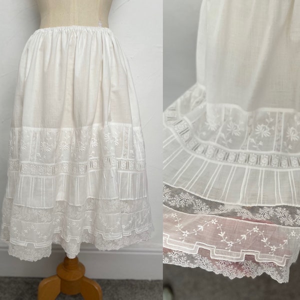 Victorian Skirt Vintage Petticoat Exquisite Ruffle Hem French Lace Embroidery Hand Made Dowry Gift