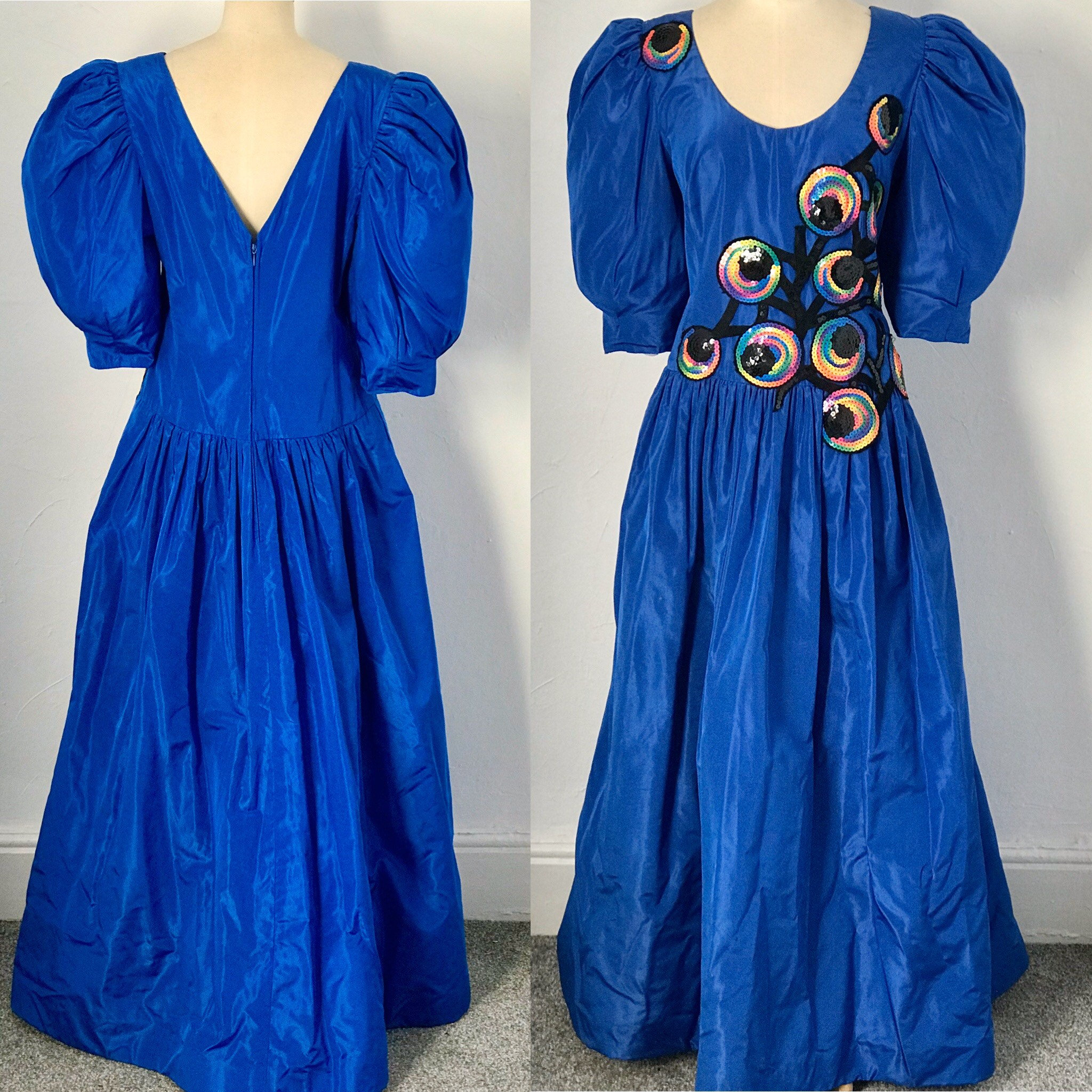 Reduced Vintage 1980s Dress Cocktail Gown Blue Watered Satin Sequins