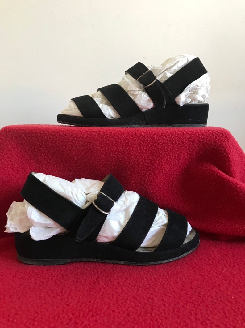 Vintage 1950s Wedge Heeled Sandals Black Suede Strappy 50s Italian Bombshell