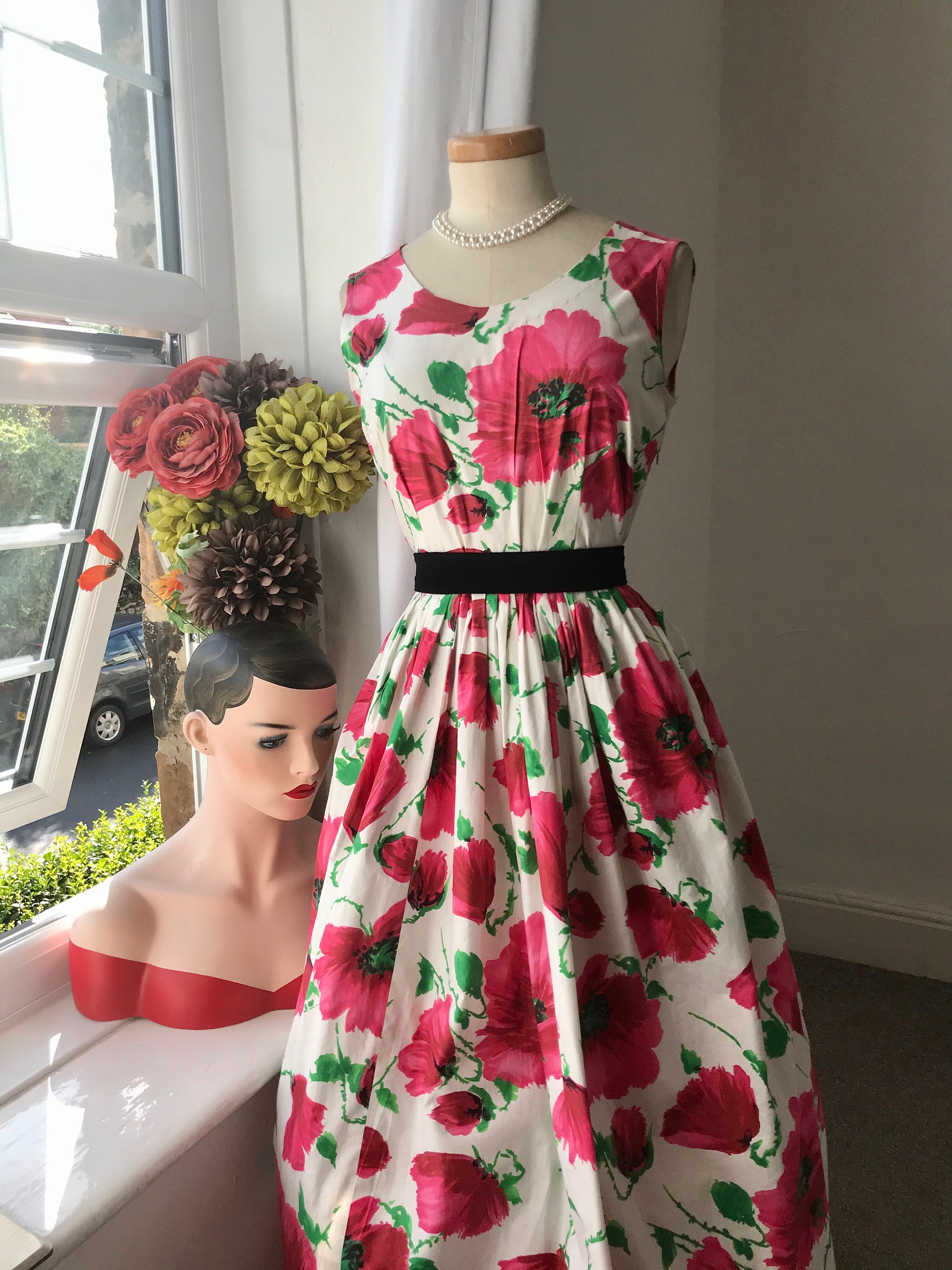 Vintage 1950s Dress Vivid Bright Rose Linen Circle Skirt 50s Cocktail Gown