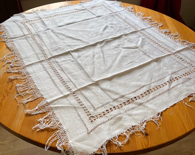 Antique Fine Linen Tray Cloth Runner Table Linen Bohemian Distressed