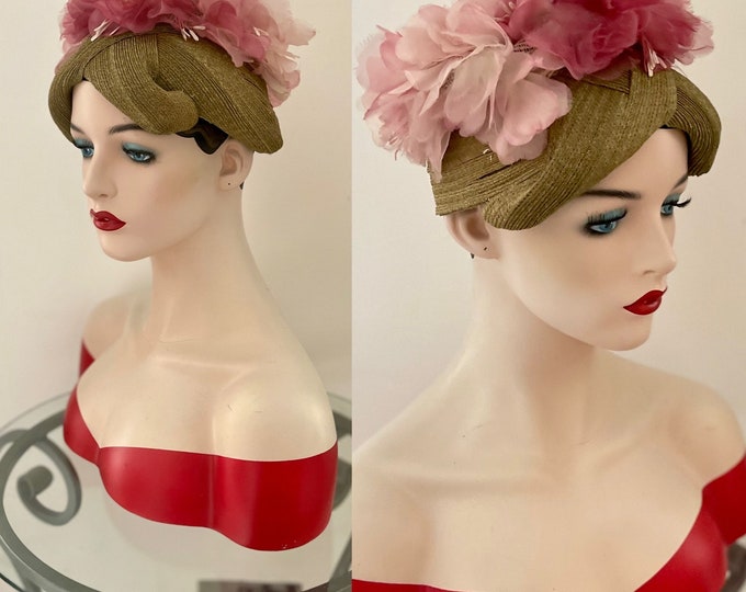 Vintage 50s Hat Toquilla Straw Silk Flowers 1950s Fascinator Capulet Bandeaux